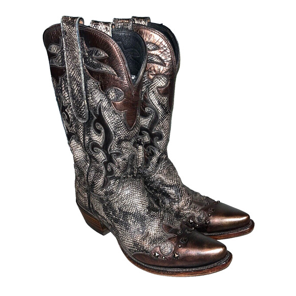 Lucchese Bootmaker Handmade Snakeskin Boots 8 B Distressed Metallic Leather